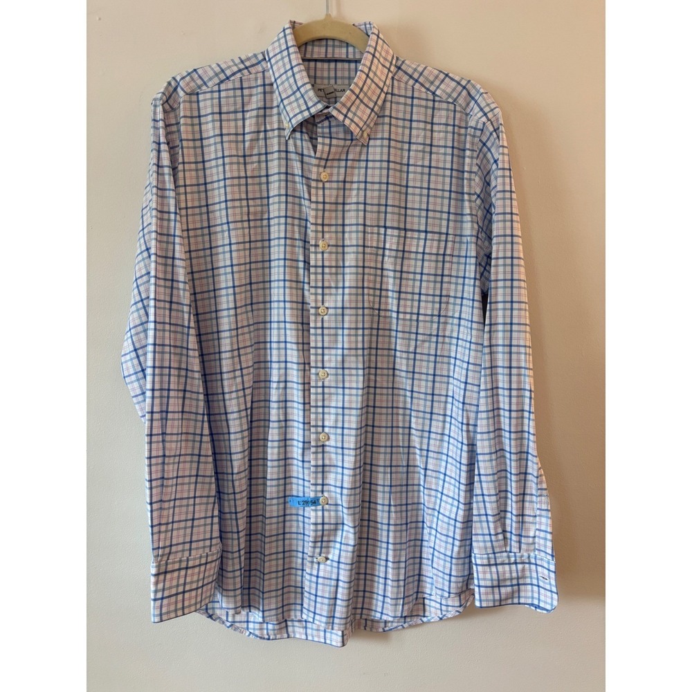 Peter Millar Mens Plaid Button Down Shirt Blue Pink Performance Stretch Medium